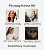 A promotional graphic with four lifestyle panels showing a woman wearing a white headband in different daily scenarios: getting ready, while working on a laptop, on her phone, and winding down at night. The text reads 'Fits easy in your life' and 'Consistency made easy.
