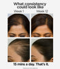 A promotional before-and-after comparison graphic showing a woman's hairline and scalp over 12 weeks, with the text 'What consistency could look like', 'Week 1' and 'Week 12', and '15 mins a day. That's it.