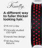 SLNY hair growth LED light therapy device shown on a light gray background with promotional text highlighting daily 15-minute use, clinically studied LED light, hands-free design, and 30-day easy returns.