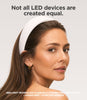 A woman wearing a white LED hair growth headband, shown in profile against a light gray background with promotional text about red light technology for hair growth.